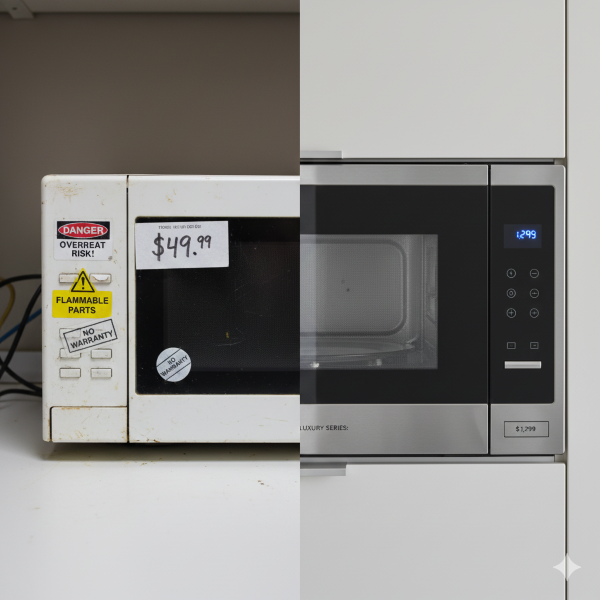 השוואה בין מיקרוגל ישן וזול ללא אחריות לבין מיקרוגל חדש ואיכותי – המחשה לטעות בקנייה לפי מחיר בלבד