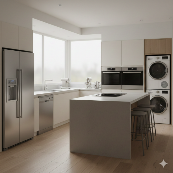 מטבח מעוצב עם מוצרי חשמל מודרניים משולבים