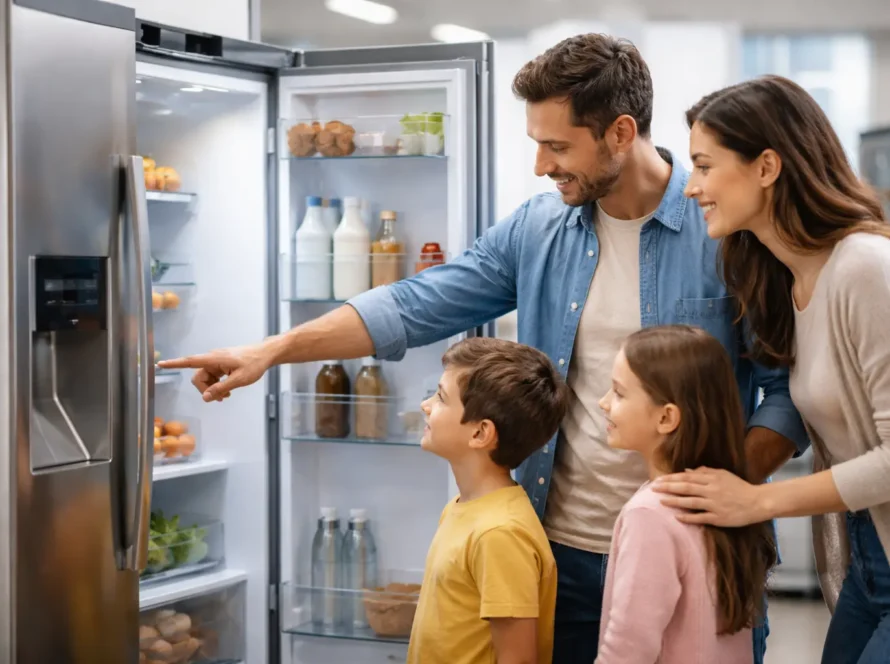 משפחה עומדת ליד מקרר שני דלתות, בוחנת את המוצרים בתוכו בחיוך.