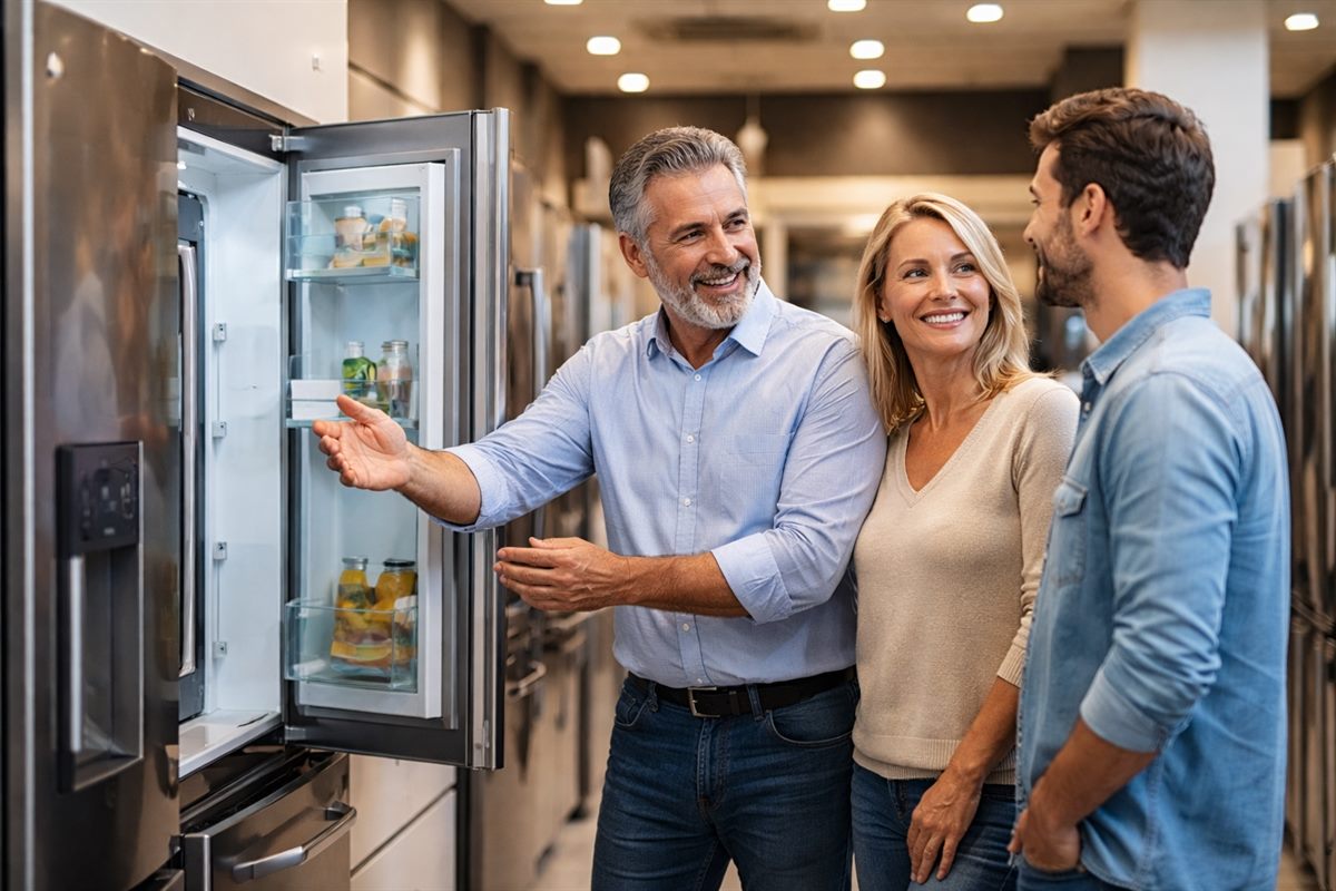 מוכר מציג מקרר פתוח לזוג לקוחות באולם תצוגה של מוצרי חשמל